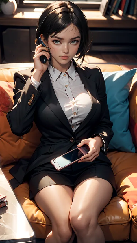 1 female, Sitting on the couch, Have a mobile phone, Black Hair, Iris, Red lips, Black suit, Question, Tangle, masterpiece, Best...