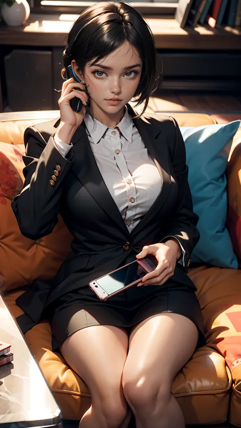 1 female, sitting on the couch, have a mobile phone, black hair, iris, red lips, black suit, question, tangle, masterpiece, best...