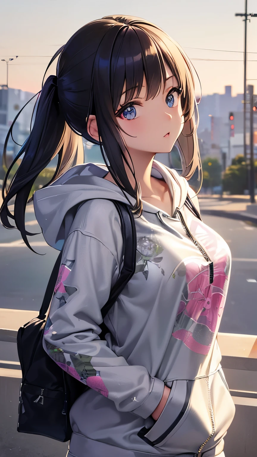 beautiful face, best quality, ultra high resnatural light, shiny skin, detailed skin, detailed face, detailed eyes, beautiful japanese girl, ((Wearing a printed T-shirt and a gray zip-up hoodie over it)), Bluetooth earphones, (holding a smartphone in her right hand)