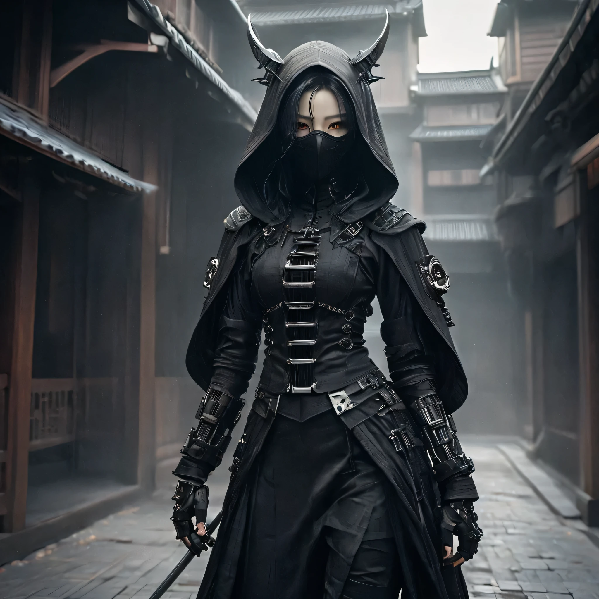 Arafed image of a person wearing black clothing and a mask, Very beautiful cyberpunk samurai, gothic - cyberpunk, Orthodox cyberpunk, Rococo Cyberpunk, ornamental gothic - cyberpunk, Gorgeous cosplay, occult cyberpunk, Mysterious Post-Apocalyptic Cyborg, Steampunk Angel, Ultra-detailed fantasy characters, Steampunk aesthetics, Steampunk fantasy style, japanese gothic, Hypergoth, Beautiful female Grim Reaper