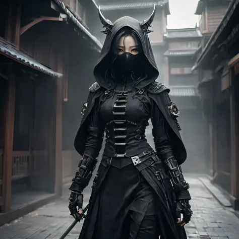 Arafed image of a person wearing black clothing and a mask, Very beautiful cyberpunk samurai, gothic - cyberpunk, Orthodox cyber...