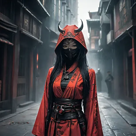 arafed image of a person wearing scarlet clothing and a mask, very beautiful cyberpunk samurai, gothic - cyberpunk, orthodox cyb...