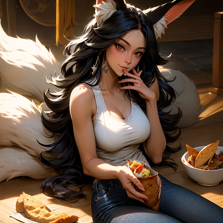 一位长着狐狸耳朵和狐狸尾巴的女士穿着背心和修身牛仔裤，在一家玉米卷饼店里吃着玉米卷饼　可乐在桌子上　大乳房　大屁股　高的