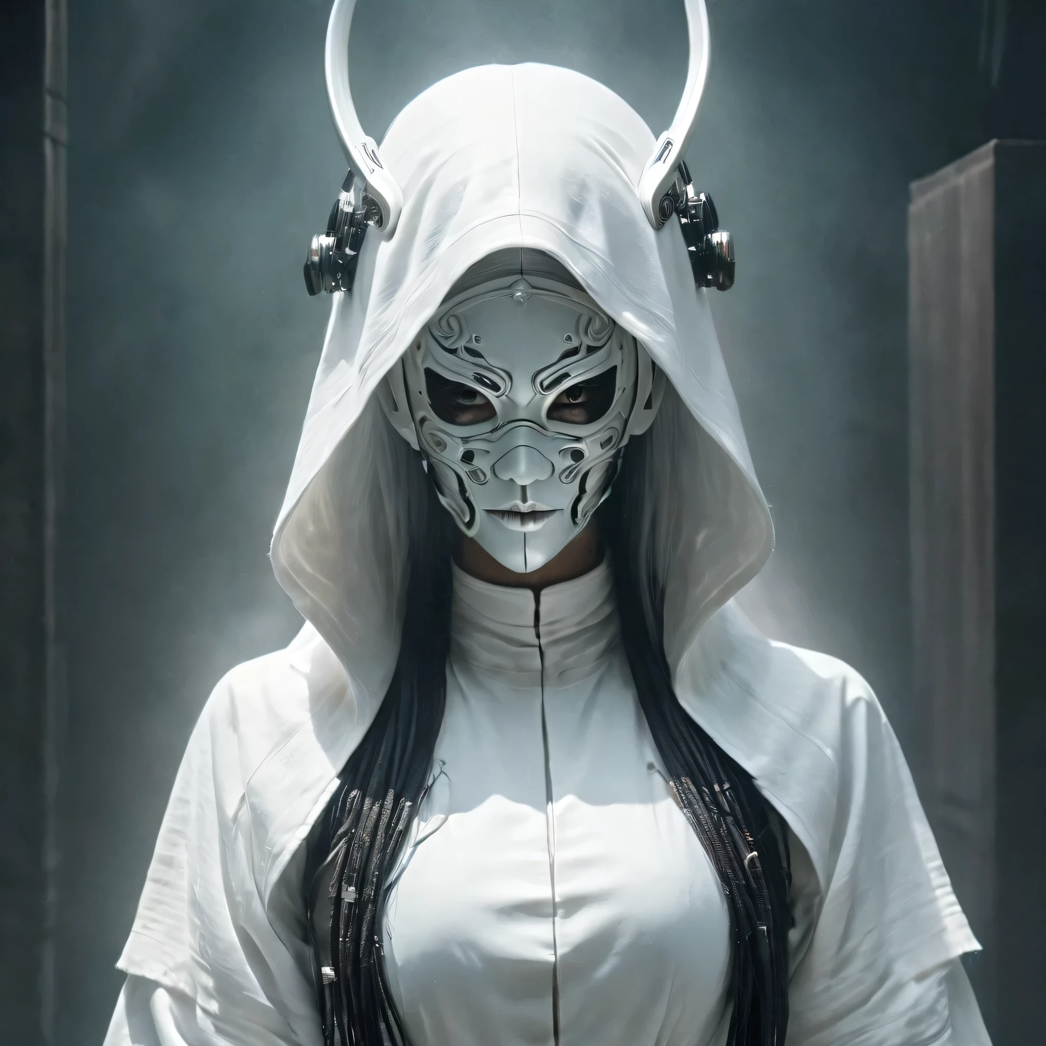 Imagen de Arafed de una persona vestida de blanco y con una máscara., Very beautiful cyberpunk samurai, gótico - ciberpunk, ciberpunk ortodoxo, ciberpunk rococó, ornamental gótico - ciberpunk, magnífico cosplay, cyberpunk oculto, Misterioso cyborg post-apocalíptico, Ángel Steampunk, Personajes de fantasía ultra detallados, Estética steampunk, estilo de fantasía steampunk, gótico japonés, hipergodo, Hermosa hembra Grim Reaper