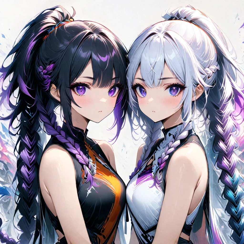 (masterpiece, best quality:1.2), Double braid girl，Purple and white gradient double braid long ponytail.cool.personality.brave,(White background:1.2)，whole body，The artwork should transition from a pencil drawing style in 黑色的 and white on the left half to vibrant colors on the right half, Ensure seamless integration of the two halves，No dividing line, The scenes on both sides are exactly the same, with the left side featuring detailed 黑色的 and white pencil strokes and the right side filled with colors, Create a fusion