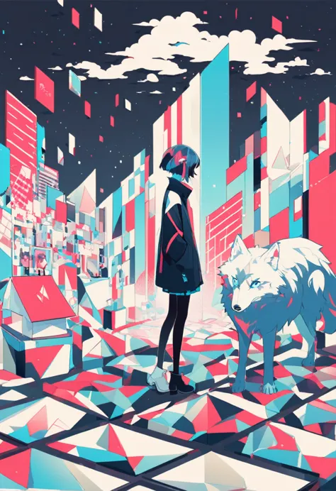 simple,blankspace,flat color,isometric minimalist design,girl standing with wolf, Employ neo-pop style illustrations, minimalist...