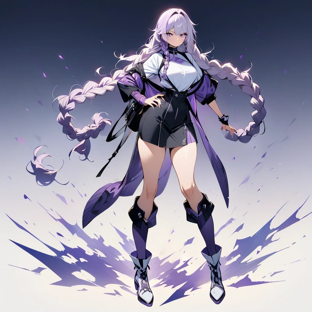 (Full body image:1.5), (Extremely detailed CG unified 16k wallpaper:1.1), (Denoising Strength: 1.45), Beautiful and delicate eyes, Color Background, Mecha coverage, Dark Purple，White hair, Fluorescent violet, cool action, Beautiful and detailed cyberpunk city, Colorful hair, Beautiful and delicate light, 1 girl, Poker face, Cold expression, Sporty, HD semi-realistic anime CG concept art digital, Glowing lights, masterpiece, best quality