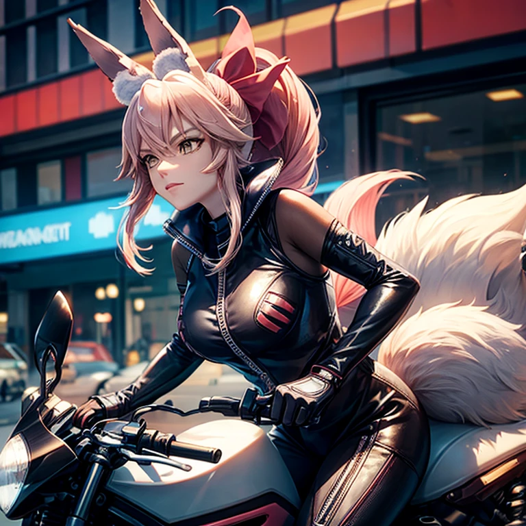 A woman in a motorcycle riding suit with fox ears and a tail