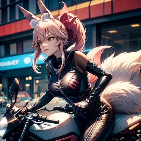 a woman in a motorcycle riding suit with fox ears and a tail