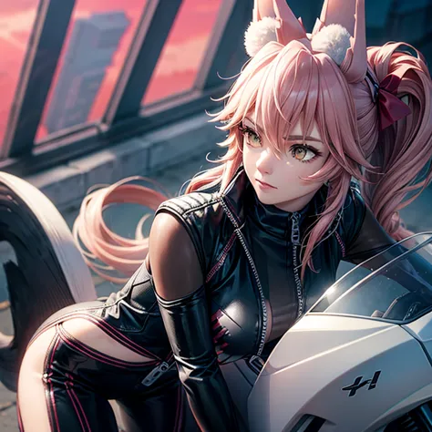 a woman in a motorcycle riding suit with fox ears and a tail