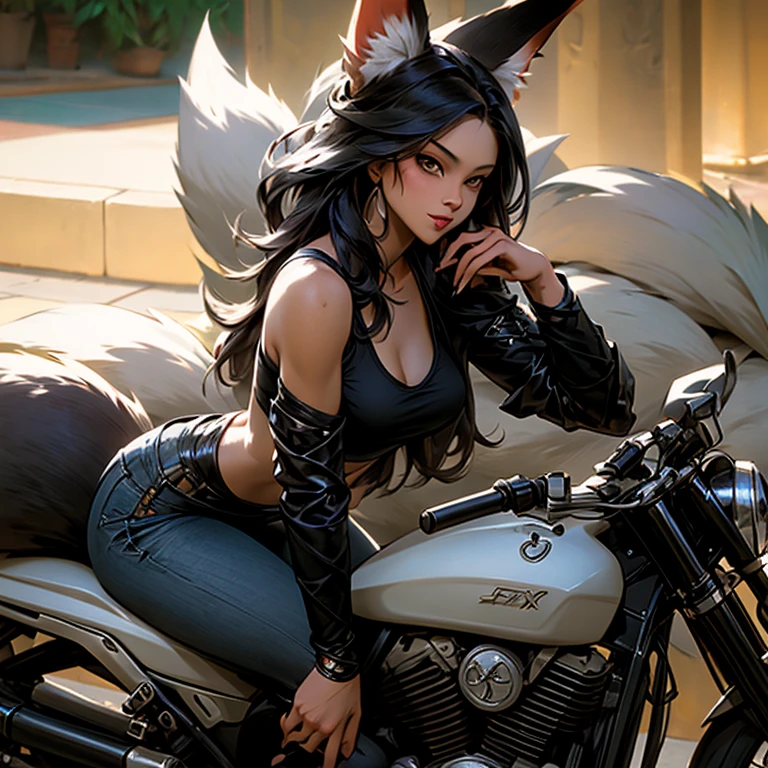 Eine Frau mit Fuchsohren und einem Schwanz, trägt ein Tanktop und Low-Rise-Jeans, ein Motorrad fahren