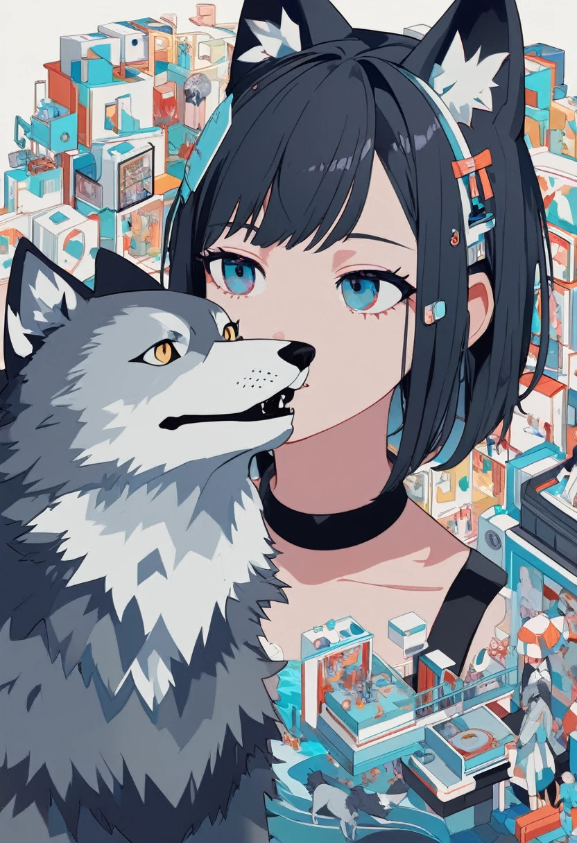 (masterpiece, best quality:1.1),
(8k, best quality, masterpiece, ultra highres, ultra-detailed:1.2) ,simple,blankspace,flat color,isometric minimalist design,(girl with wolf), Employ neo-pop style illustrations, minimalist canvases, and animated visuals, using white and blue palette,