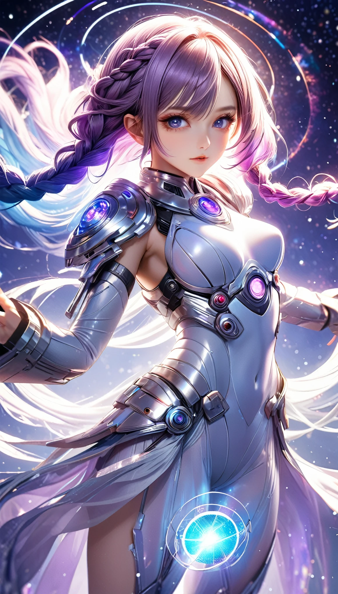 best quality, super fine, 16k, incredibly absurdres, extremely detailed, delicate and dynamic, a cool and beautiful pretty female cyber warrior who fights with a gigantic beautiful transparent and translucent shining goddess, her hair gradating from white to purple as it goes to the tips, with long braided low twintails, iridescent magic circle, background space galaxy far away