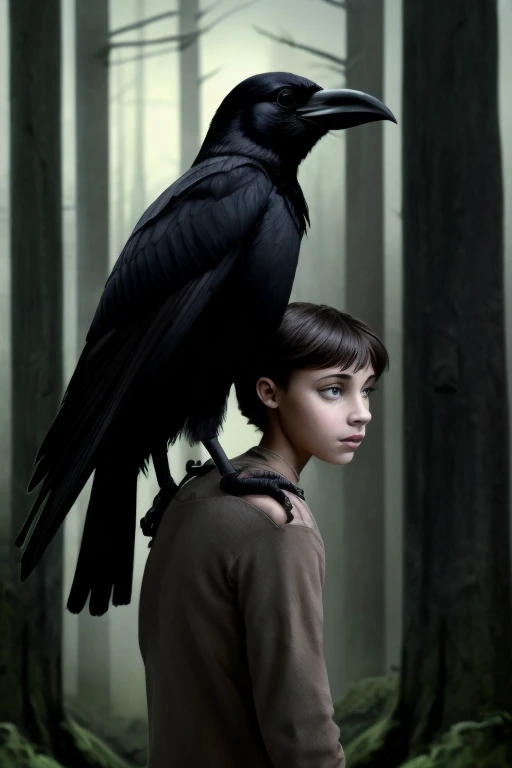melhor qualidade, Obra de arte, uma jovem de aparência ideal está em uma floresta sombria, Um corvo pousa em seu ombro, corvo bica garota&#39;olhos
