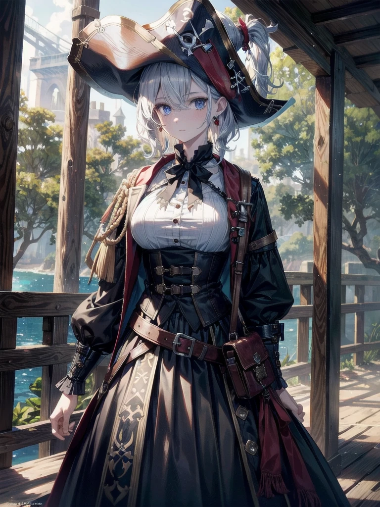 (Practical pirate clothing), Long-sleeved pirate top, Skirt, torn pirate hat, absurdres, RAW photo, extremely delicate and beautiful, masterpiece, Best Quality, ultra high resolution, 32k, hyperrealistic, ultra-detailed, detailed description, pale skin, 20 years old, tearful mole, earring, big tits, short medium hair, wavy hair, whole body shot,