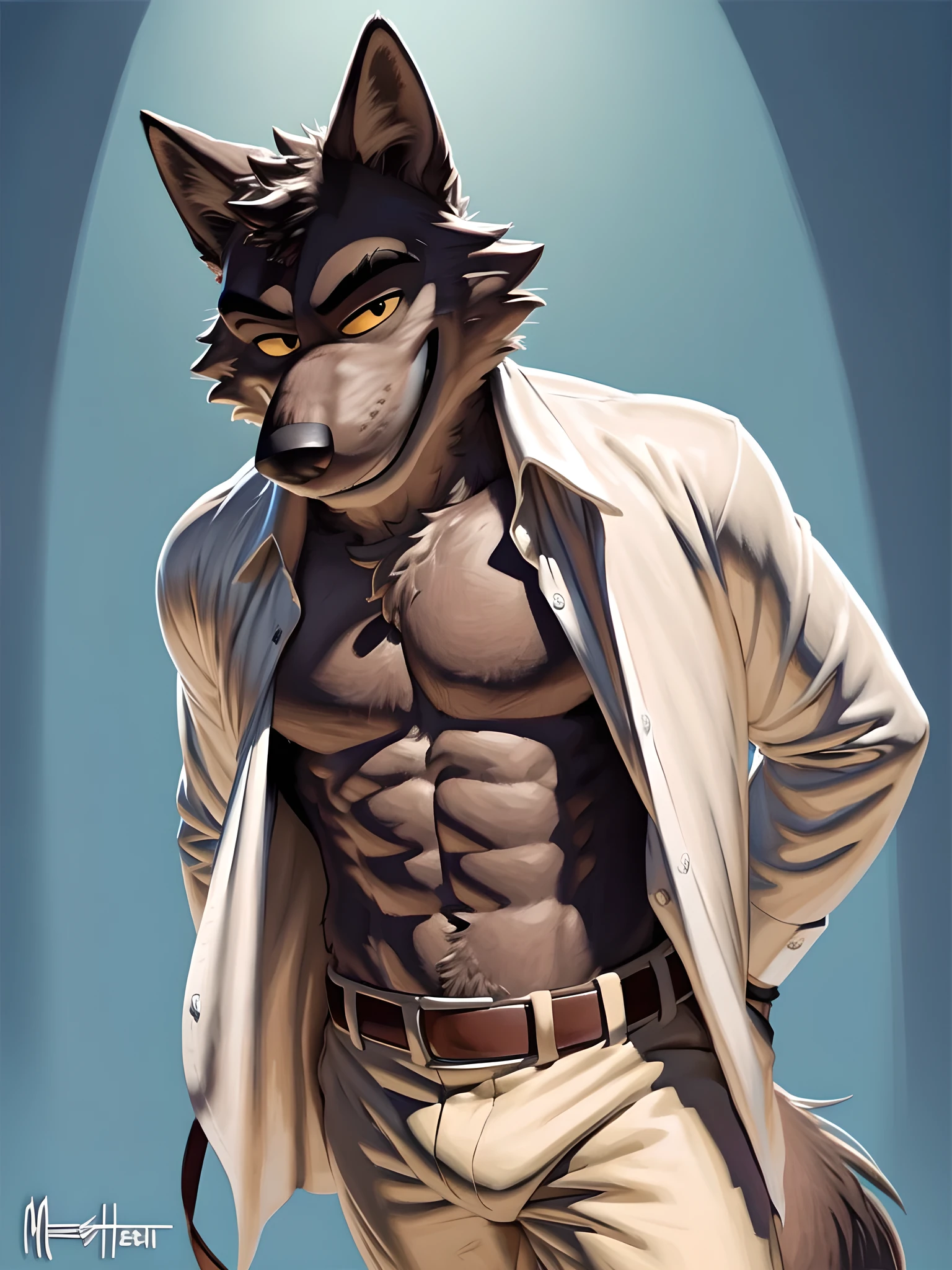 mr wolf, mr. wolf \(the bad guys\), best quality, high detail, plain background, ambient light, shirtless, open shirt, belt, pants, looking at camera, smile, smug face, by meesh,