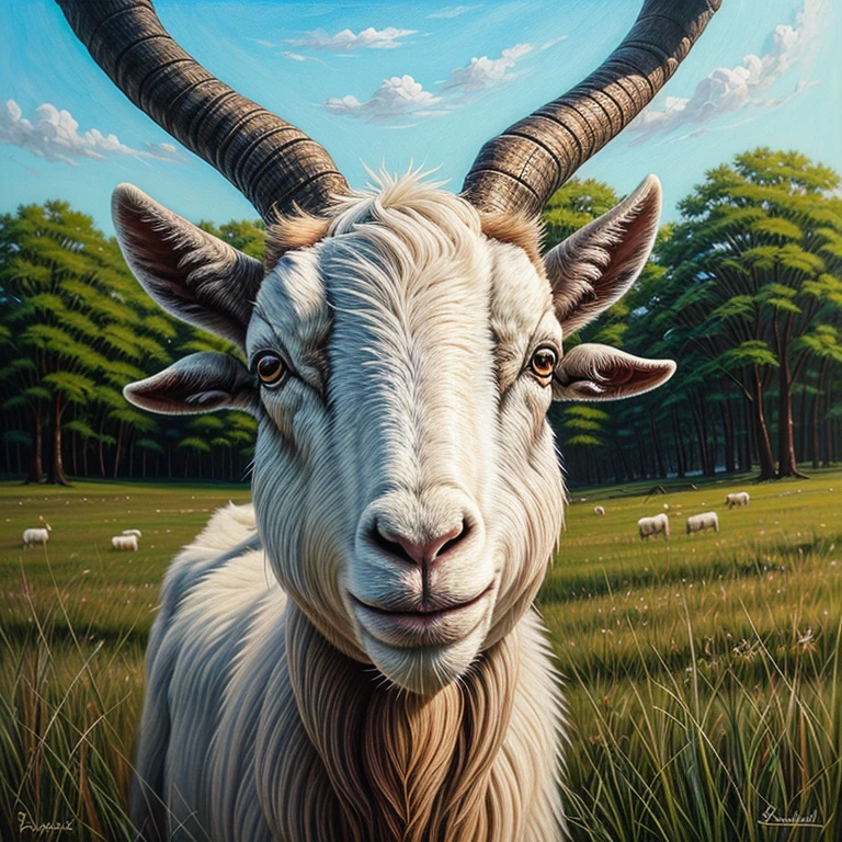 Beautiful and majestic goat in a peaceful pasture、(Real、High resolution)、(柔らかなnature光)、(Bright colors、green々Fresh green grass)、Detailed fur and antlers、Quiet atmosphere、(Portrait、nature)、(media: Oil painting) Painting）