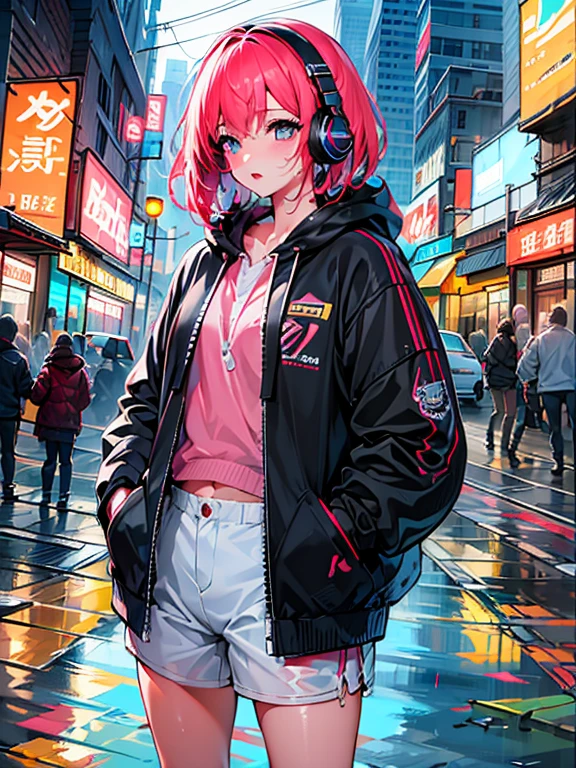 8K resolution、((top-quality))、((​masterpiece))、((ultra-detailliert))、1 woman、solo、incredibly absurdness、Oversized hoodies、headphones、Street、plein air、Rain at night、neons、Shortcut Hair、Brightly colored eyes、Hands in pockets、shortpants、water dripping、red hairs、Bob Hair,  pink hair