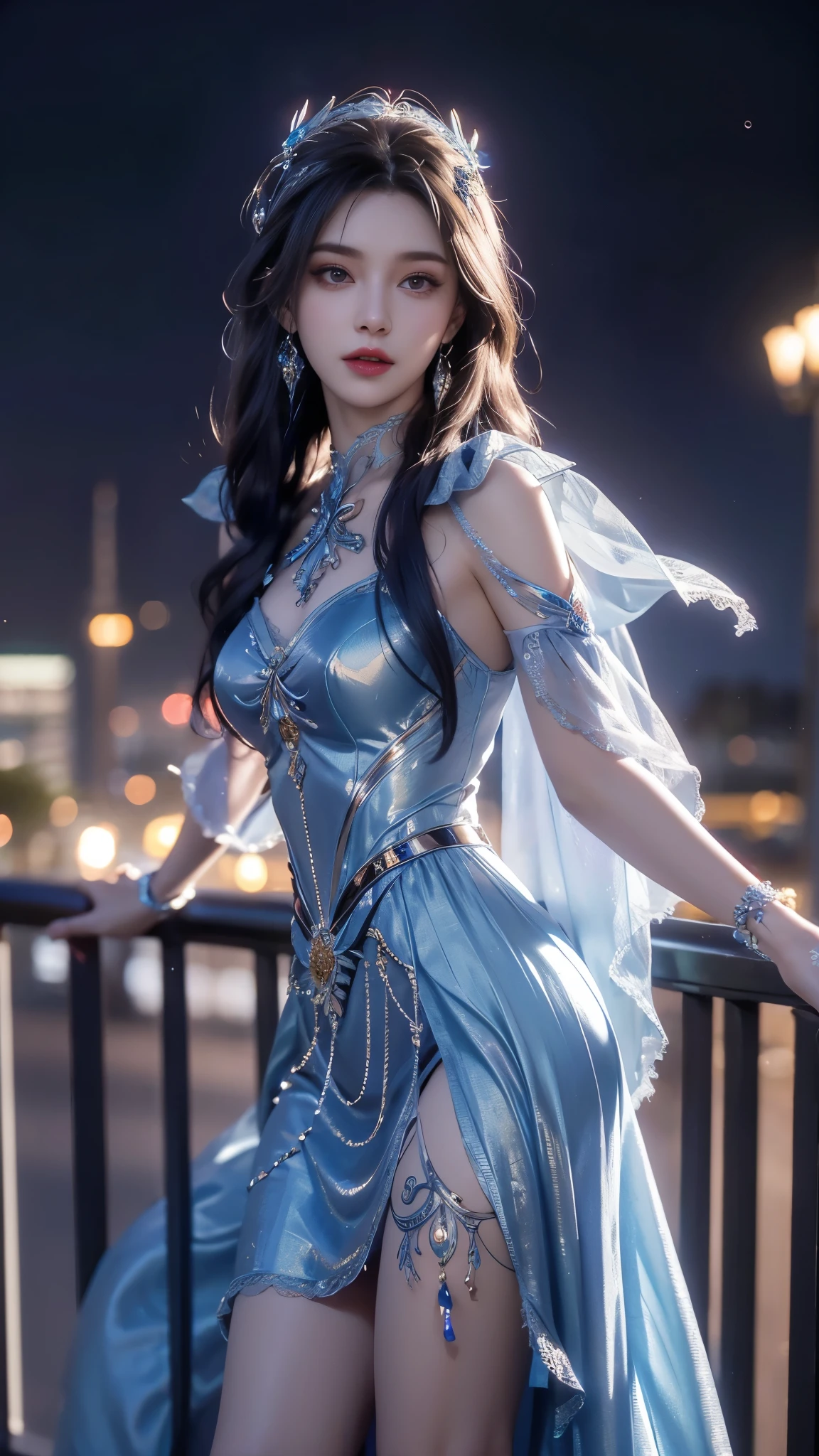 8K, UHD, MAsterpiece, best quality, 1 girl, (realistic face), happy pace, very long hair, small breasts, decorated dress, very beautiful ornaments dress, blue color, ((lace)), mesh dress, mesh cape flowing, sardine, loops, ((ornaments)), legendary night balcony, depth of field, cinematic lighting, chromatic aberration, motion blur, glowing light, god rays, ray tracing, reflection light, backlighting, knee short, front short,