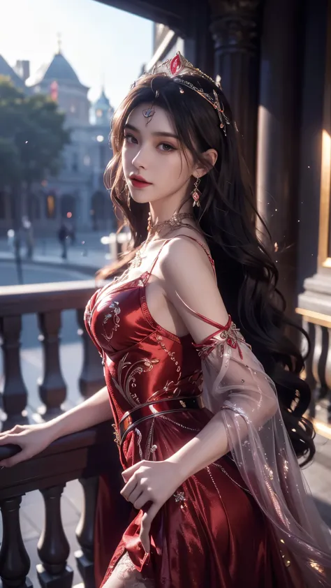 8K, UHD, MAsterpiece, best quality, 1 girl, (realistic face), happy pace, very long hair, small breasts, decorated dress, very b...