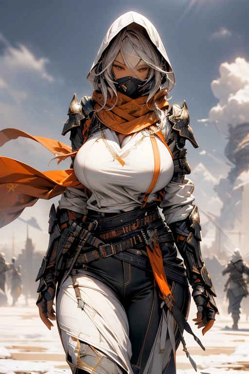 1girl, volumetric light, (bright scene:1.5), perfect lighting, village, photography, masterpiece, best quality,HDR, highres,realistic details,40K, HDR, highres,
hood, landstyleshinobi, belt, weapon, shoulder armor, scarf, torn clothes, gauntlets, orange eyes, (huge breasts:1.5), thick thighs, huge ass,