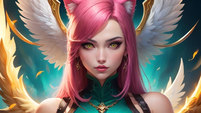 ((best quality)), ((masterpiece)), (detailed), woman with pink hair, Holding a sword, (Inspiration from Artgerm:1.2), (Pixiv competition winner:1.1), (Goddess of angels:1.3), (violent art style:1.2), Close-up portrait, goddess skull, (Senna from League of Legends:1.1), , HD anime wallpaper, (Akali in League of Legends:1.1), 8k resolution masterpiece，Highest image quality，Beautiful bust of noble Cat ears，Cat ear，Cat Tail Exquisite Metallic Hairstyle，Clear golden eyes，A dazzling array of carefully crafted jewelry adorns chunky plush garments，long legs，Leather heels，Extremely detailed，advanced，Expose of love fluids，R-18G