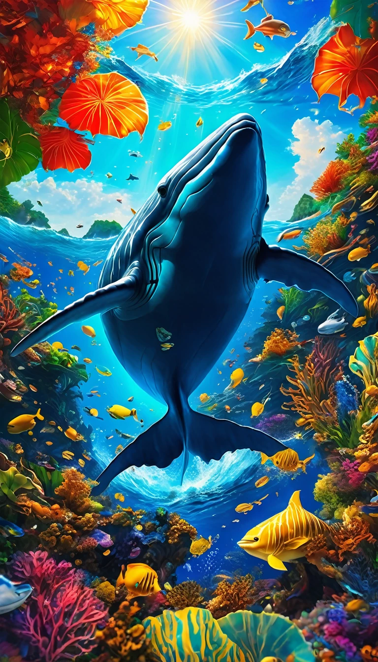 1blue whale\(huge,jump from the beautiful sea into the beautiful sky,dynamic pose\), BREAK ,background\(beautiful sea,clear sea,beautiful sky,beautiful island,beatiful sunlight\),quality\(8k,wallpaper of extremely detailed CG unit, ​masterpiece,hight resolution,top-quality,top-quality real texture skin,hyper realisitic,increase the resolution,RAW photos,best qualtiy,highly detailed,the wallpaper,cinematic lighting,ray trace,golden ratio\),(dynamic angle),award-winning,(close up whale),motion blur,dynamic angle,(from below)