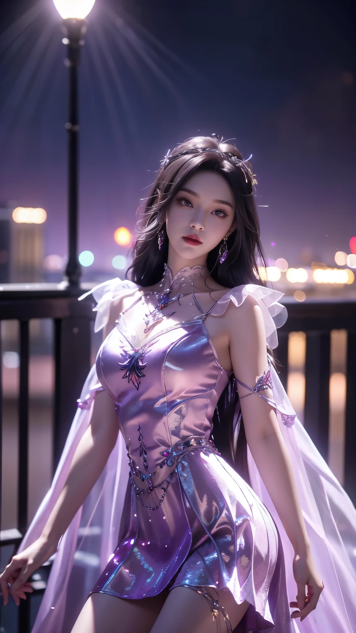 8K, UHD, MAsterpiece, best quality, 1 girl, (realistic face), happy pace, very long hair, small breasts, decorated dress, very beautiful ornaments dress, purple color, ((lace)), mesh dress, mesh cape flowing, sardine, loops, ((ornaments)), legendary night balcony, depth of field, cinematic lighting, chromatic aberration, motion blur, glowing light, god rays, ray tracing, reflection light, backlighting, knee short, front short,