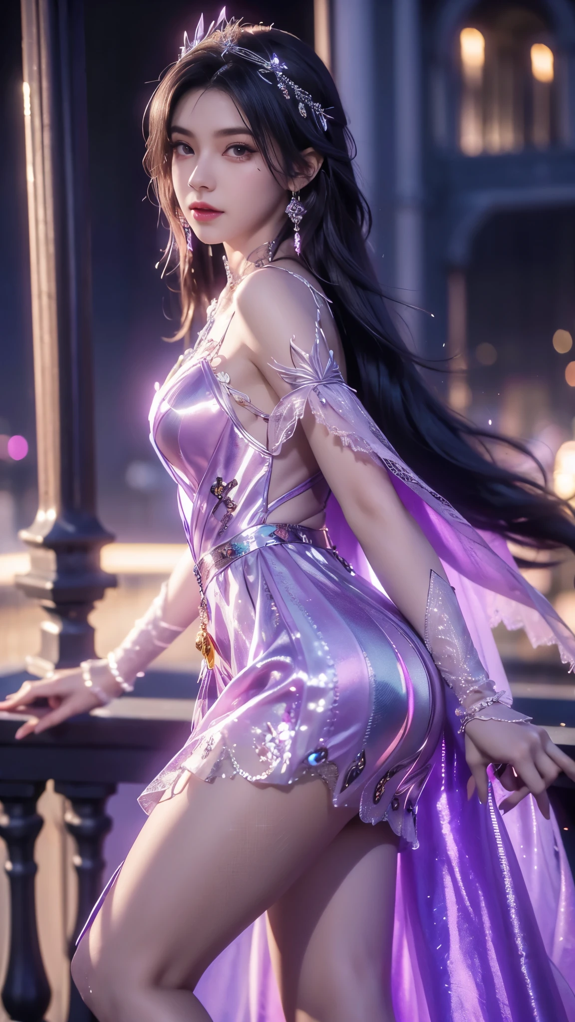 8K, UHD, MAsterpiece, best quality, 1 girl, (realistic face), happy pace, very long hair, small breasts, decorated dress, very beautiful ornaments dress, purple color, ((lace)), mesh dress, mesh cape flowing, sardine, loops, ((ornaments)), legendary night balcony, depth of field, cinematic lighting, chromatic aberration, motion blur, glowing light, god rays, ray tracing, reflection light, backlighting, bloom, chromatic aberration abuse, multiple monochrome, knee short, front short,