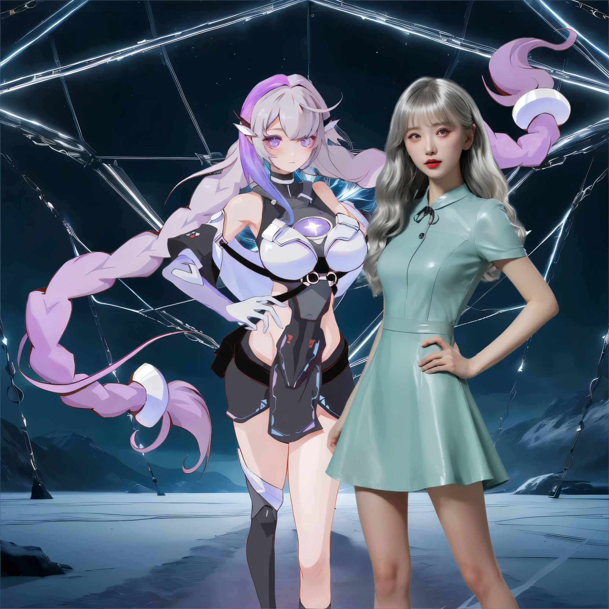 anime girl in a short dress standing next to a woman in a short dress, kda, nixeu and sakimichan, trending on cgstation, trending at cgstation, full body xianxia, kda and sam yang, lunar themed attire, silver hair (ponytail), inspired by Wang Duo, wlop and sakimichan