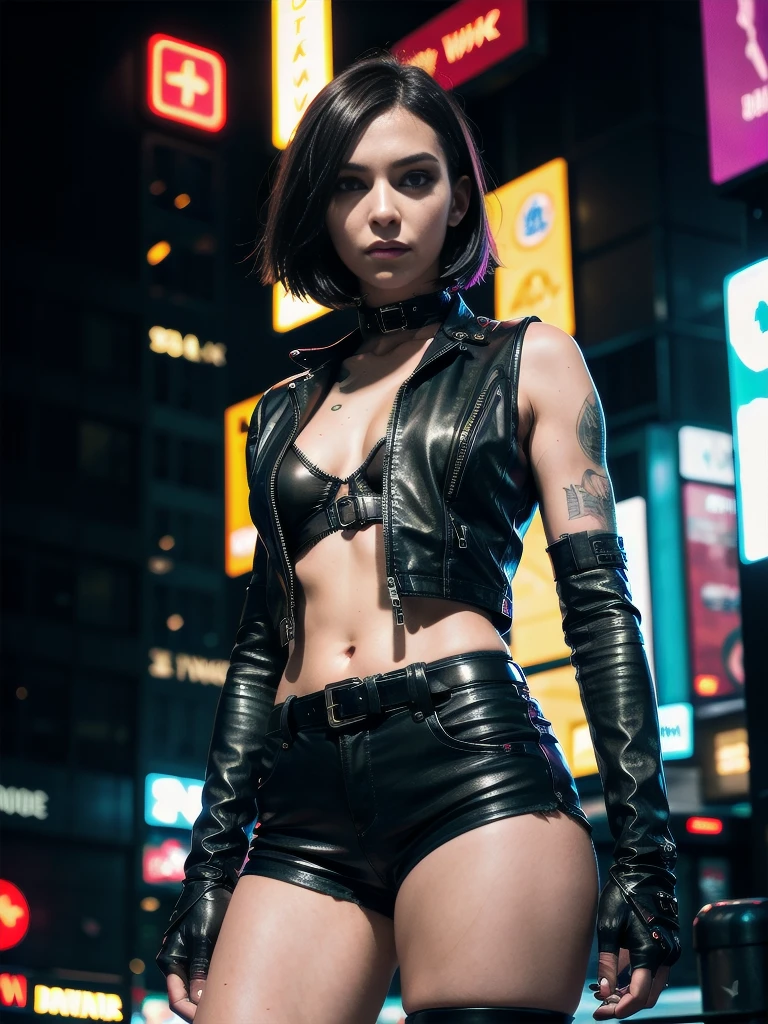 raw photo, cyberpunk style, close up photo, slender brunette, bob hairstyle, (cyborg), cyber cowboy, (mechanical body parts), leather vest, leather shorts, standing on the street of a night city, looking at viewer, Night City, neon lights, backlight, night, volumetric lighting  , epic photo