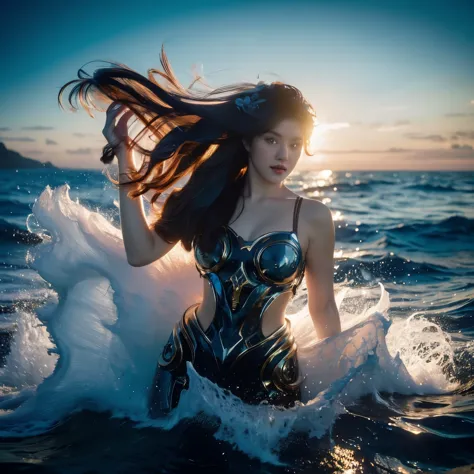 (8k RAW Photo, high detail, crisp detail, rich detail), vonzy, vonnyfelicia, blue haired, young sea goddess, creating big tidal ...