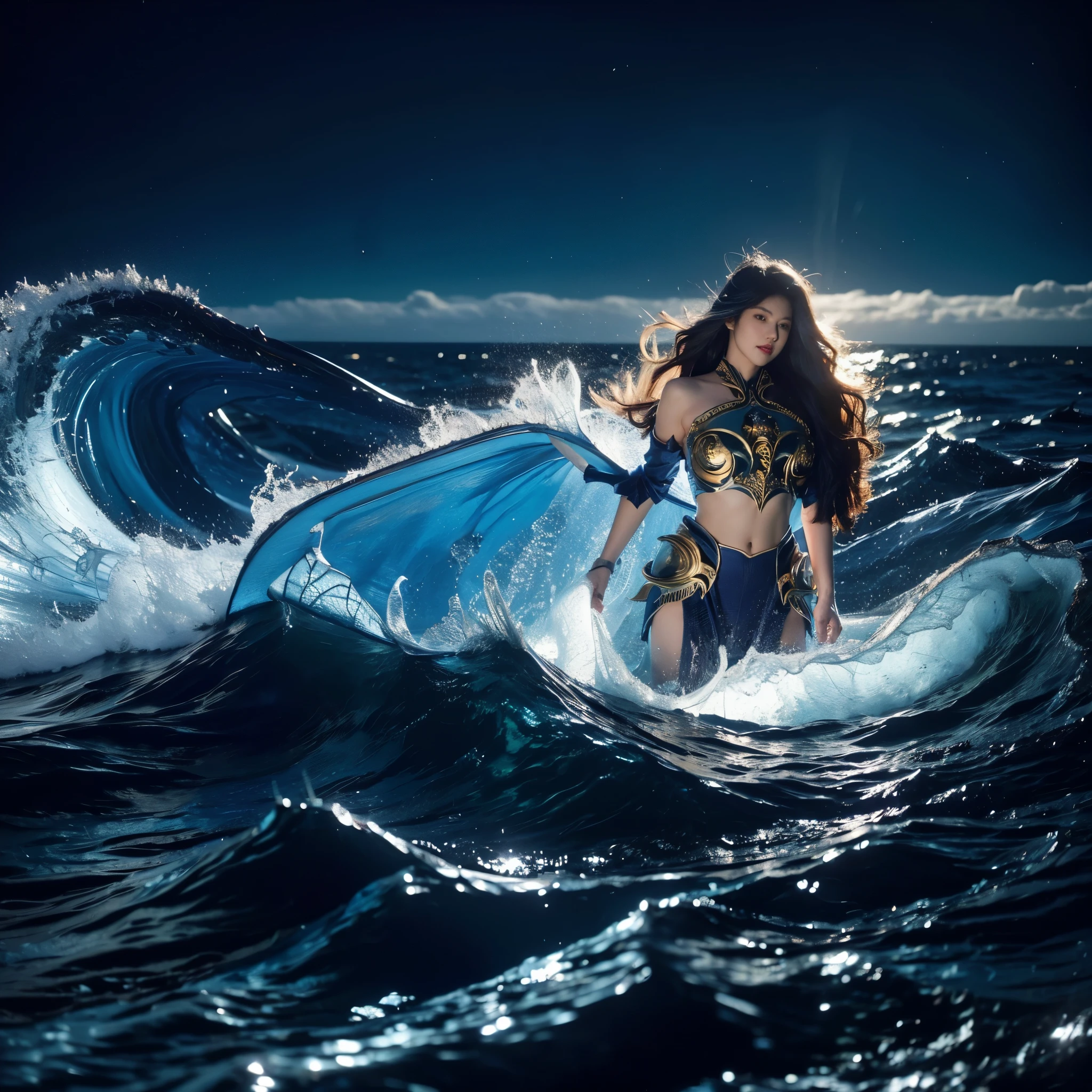 (8k RAW Photo, high detail, crisp detail, rich detail), vonzy, vonnyfelicia, blue haired, young sea goddess, creating big tidal wave in the middle of ocean, big breast, sexy golden armor,giant octopus behind,kraken,tidal wave background