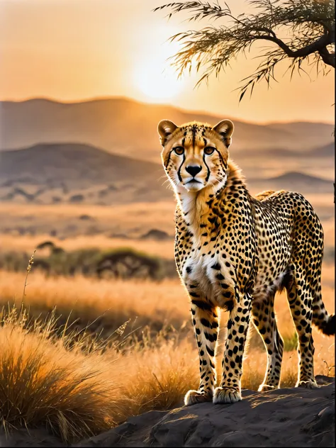 Picture a veldt bathed in the rich colours of a setting sun, Amidst the tall, golden grass, a cheetah is poised, observing its s...