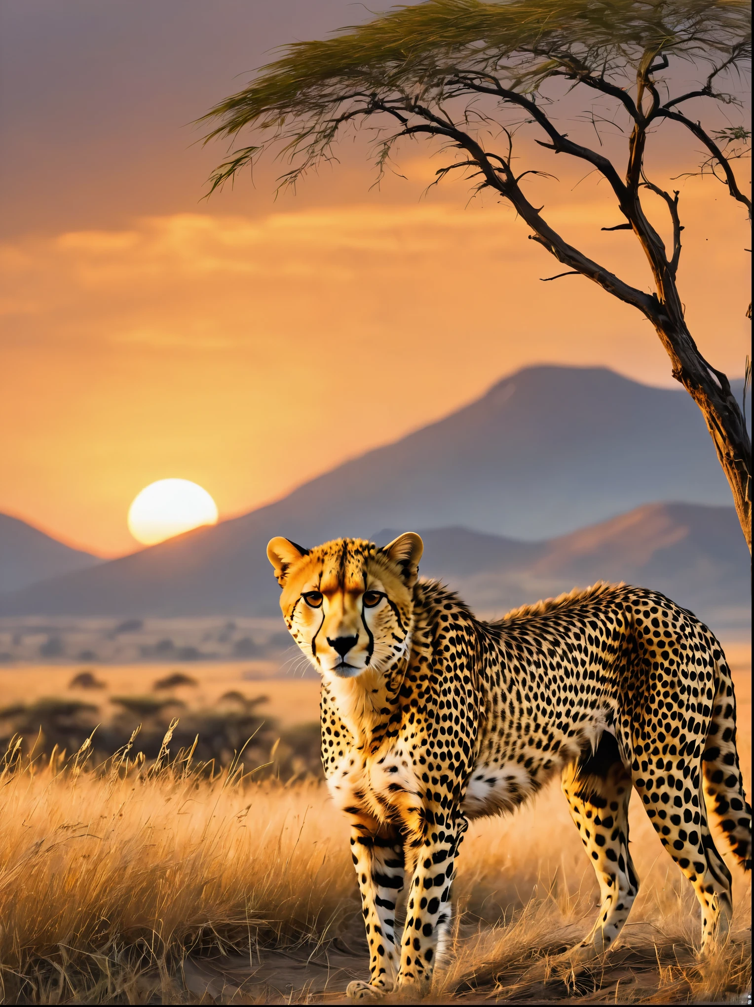 Picture a veldt bathed in the rich colours of a setting sun, Amidst the tall, golden grass, a cheetah is poised, observing its surroundings with a composed intensity befitting the fastest land animal. Its lean muscular body, sleek coat peppered with distinctive black spots glimmering in the dying light of the day, showcases its magnificent adaptation for speed, Tufts of whiskers flicker over a sharp, focused gaze, an embodiment of fierce gracefulness, The backdrop completes this scene with acacia trees dotting the veldt, rolling hills in the distance, and an orange-tinted sky