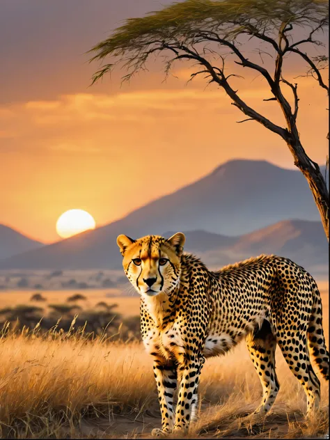 Picture a veldt bathed in the rich colours of a setting sun, Amidst the tall, golden grass, a cheetah is poised, observing its surroundings with a composed intensity befitting the fastest land animal. Its lean muscular body, sleek coat peppered with distin...