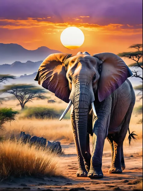 A vibrant picture of an adult elephant standing in its natural habitat of the African savannah, with the sun setting in the background, The sky shows a palette of purple and orange colored hues, subtly reflected on the body of the elephant, The elephant ap...