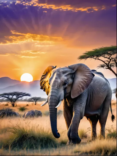 A vibrant picture of an adult elephant standing in its natural habitat of the African savannah, with the sun setting in the background, The sky shows a palette of purple and orange colored hues, subtly reflected on the body of the elephant, The elephant ap...