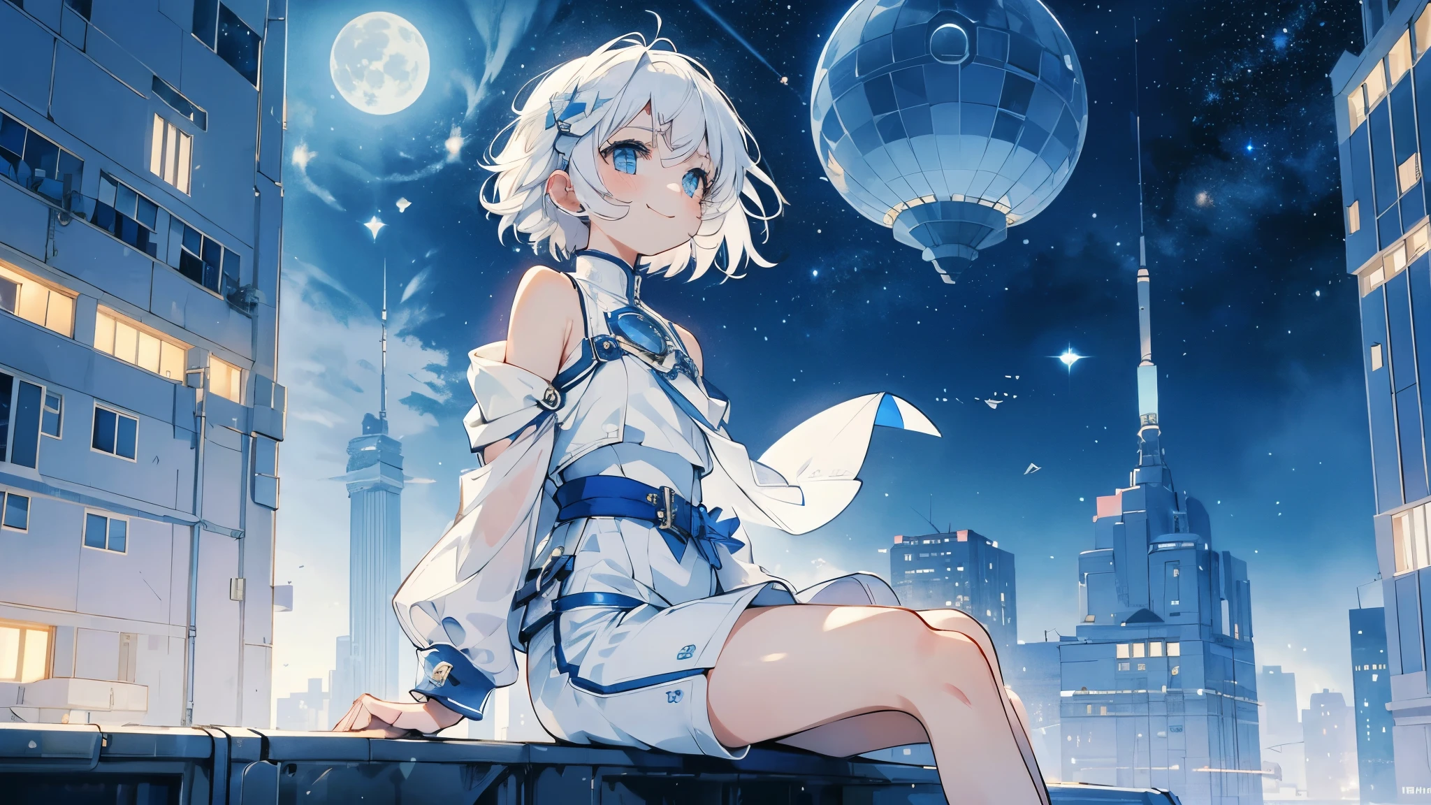 night,Starry Sky,Big full moon,girl１people,Futuristic buildings,Flying Airship,Rooftop、A gentle wind blows,Sitting,Looking up at the sky,Short Hair,White hair color,Blue Mesh,Blue Eyes,13 years old,アジアpeople,smile,Primary school students,Sunburned skin,Being thin,White skin,White shorts,White tank top,White jacket,Low - Angle,