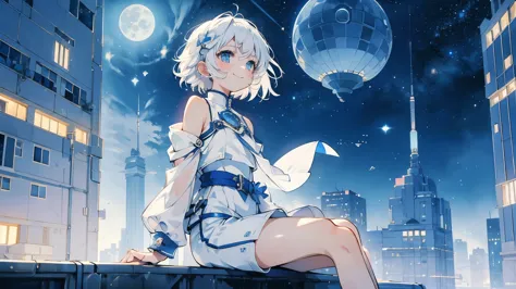 night,Starry Sky,Big full moon,girl１people,Futuristic buildings,Flying Airship,Rooftop、A gentle wind blows,Sitting,Looking up at...