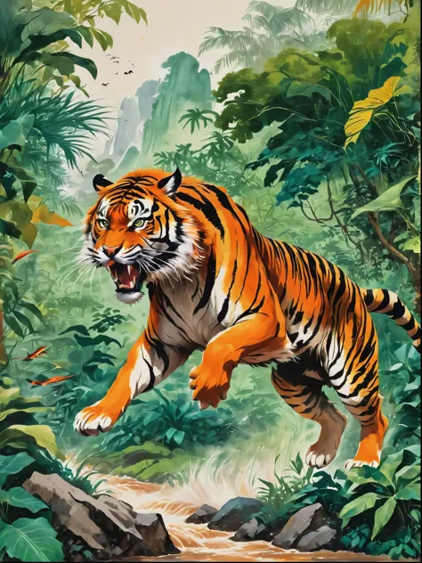 A large, powerful Bengal tiger with vibrant orange and black stripes shown mid-leap with claws extended and teeth bared, The tiger is leaping towards a frightened Caucasian man with brown hair, who is dressed in khaki pants and a red shirt, trying to dodge...