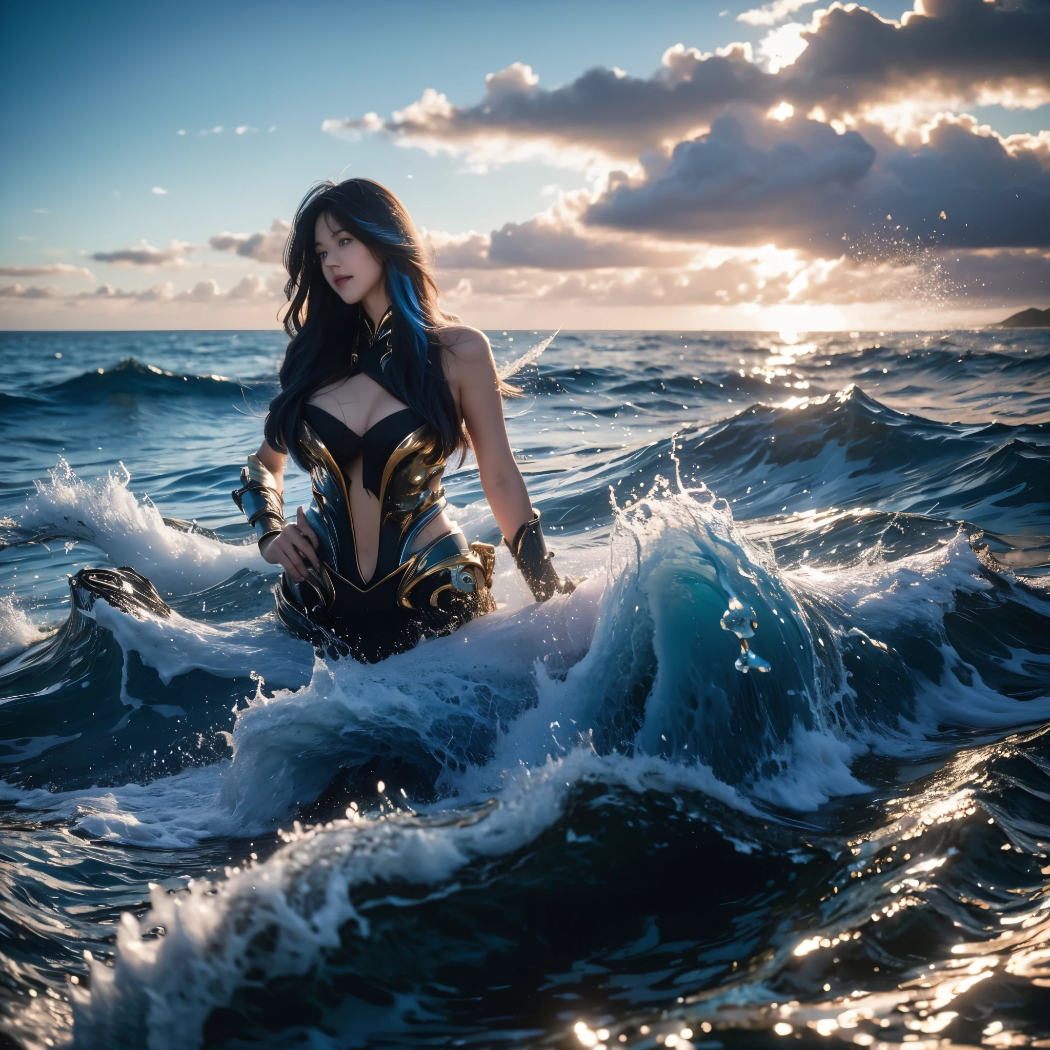 (8k RAW Photo, high detail, crisp detail, rich detail), vonzy, vonnyfelicia, blue haired, young sea goddess, splitting sea, creating big tidal wave in the middle of ocean, big breast, sexy golden armor,giant water dragon behind, tidal wave background