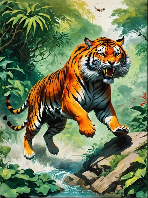 A large, powerful Bengal tiger with vibrant orange and black stripes shown mid-leap with claws extended and teeth bared, The tiger is leaping towards a frightened Caucasian man with brown hair, who is dressed in khaki pants and a red shirt, trying to dodge...