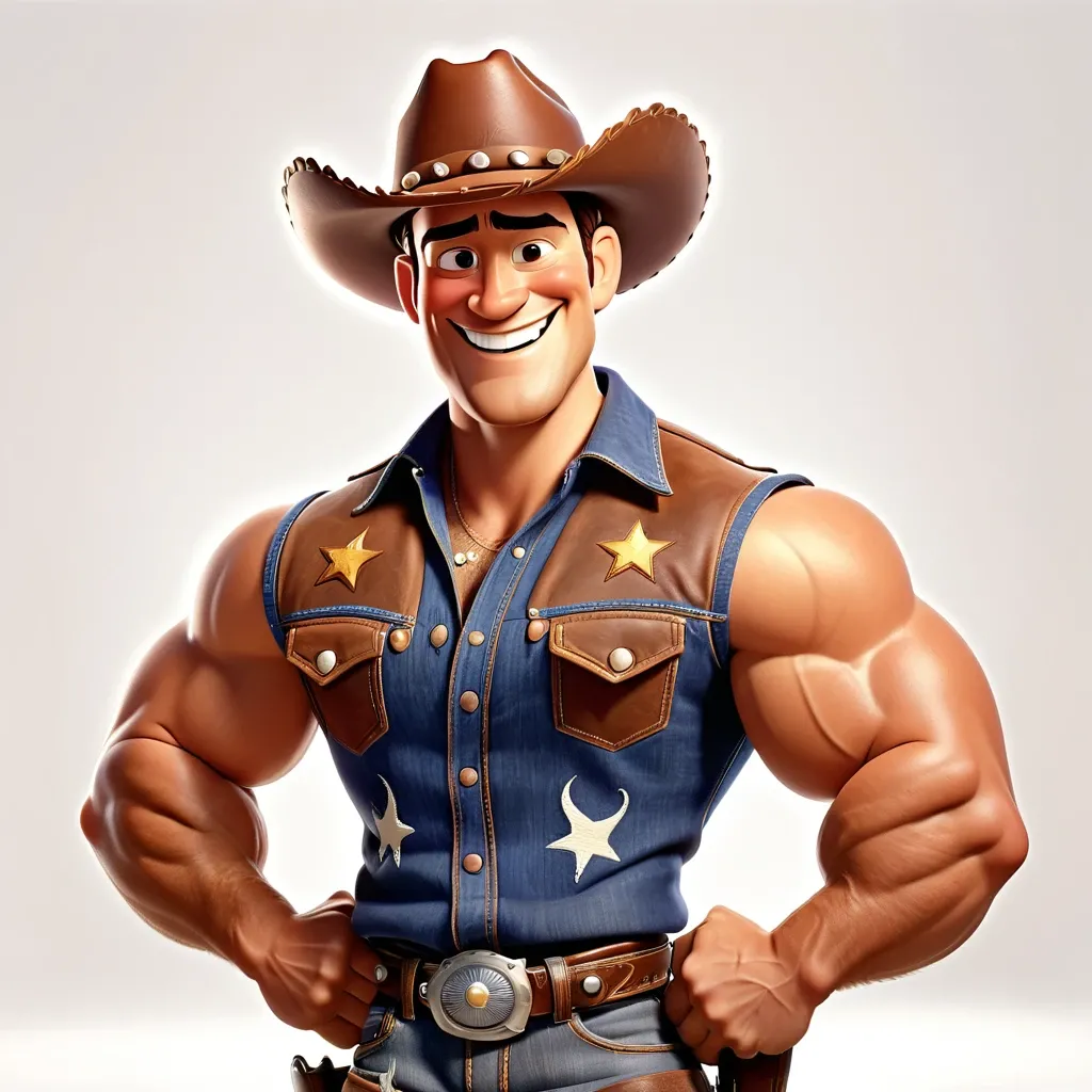 Imagem de estilo Pixar, a muscular cowboy is smiling and flexing on white background.