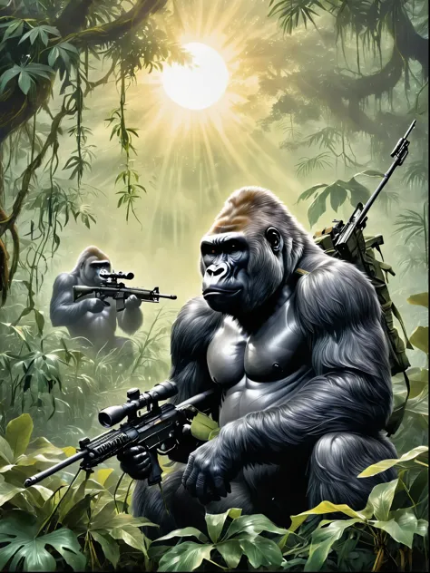 A gorilla depicted as a sniper, with its fur being silver-black, and its eyes focused intensely on the target. The gorilla is holding a camouflage sniper rifle with utmost precision in a misty jungle environment. It can be seen sitting on a high branch of ...