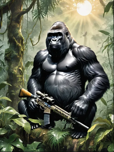 A gorilla depicted as a sniper, with its fur being silver-black, and its eyes focused intensely on the target. The gorilla is holding a camouflage sniper rifle with utmost precision in a misty jungle environment. It can be seen sitting on a high branch of ...