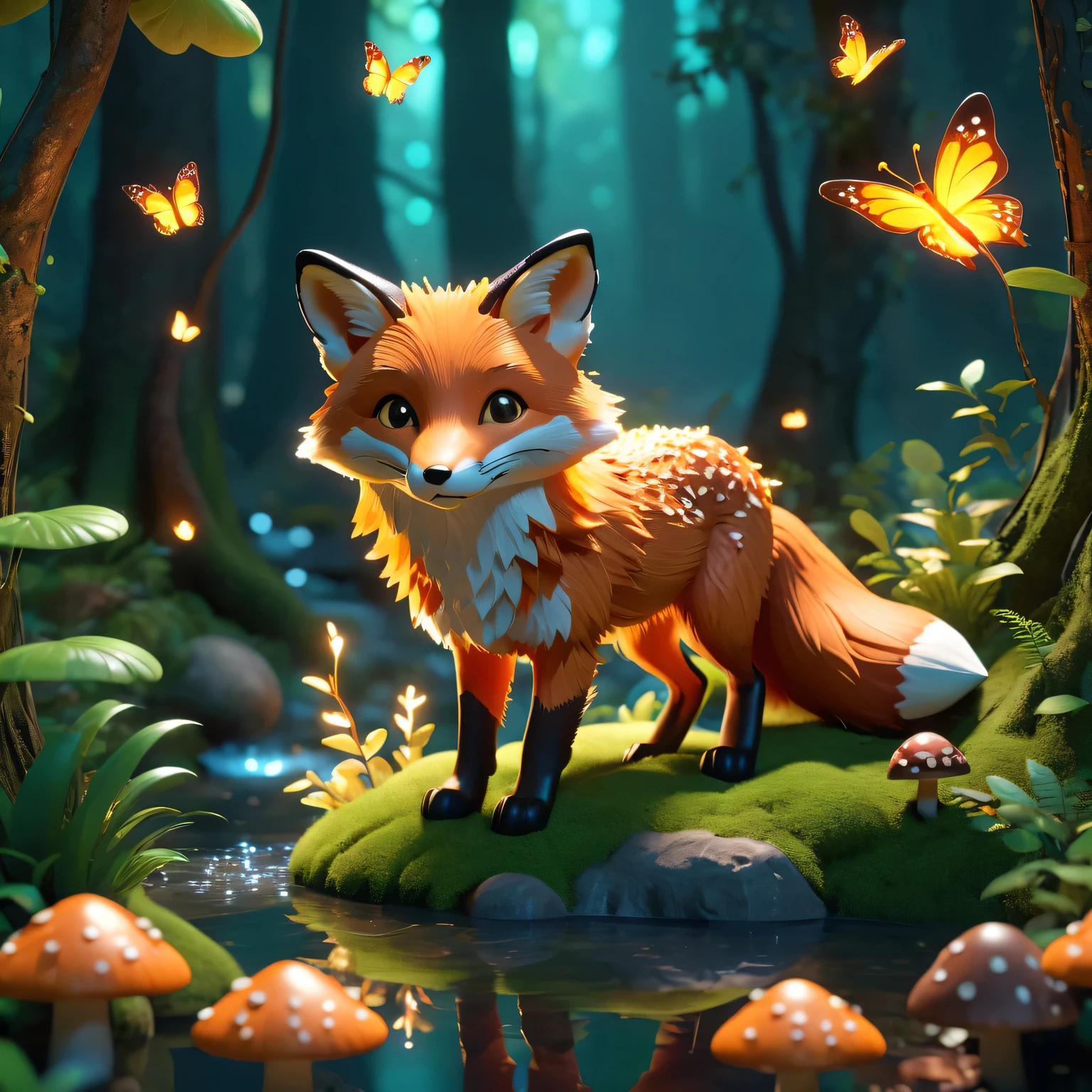 A full body close-up photo of a cute fox). Tall trees, Quiet stream, glowing little mushrooms, surrounded by delicate leaves and branches, with fireflies and glowing Particle Effects,, Natural Elements, Jungle theme, Butterfly, (glow), (Particle Effects). , Isometric 3D, Octane Rendering, Ray Tracing, Super detailed