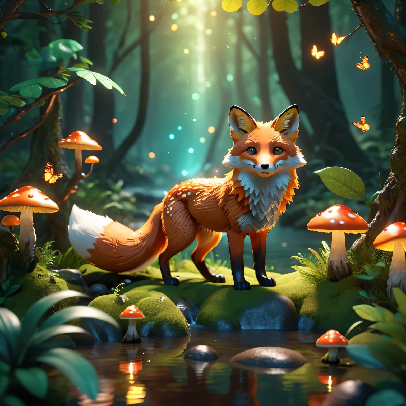 A full body close-up photo of a cute fox). Tall trees, Quiet stream, glowing little mushrooms, surrounded by delicate leaves and branches, with fireflies and glowing Particle Effects,, Natural Elements, Jungle theme, Butterfly, (glow), (Particle Effects). , Isometric 3D, Octane Rendering, Ray Tracing, Super detailed