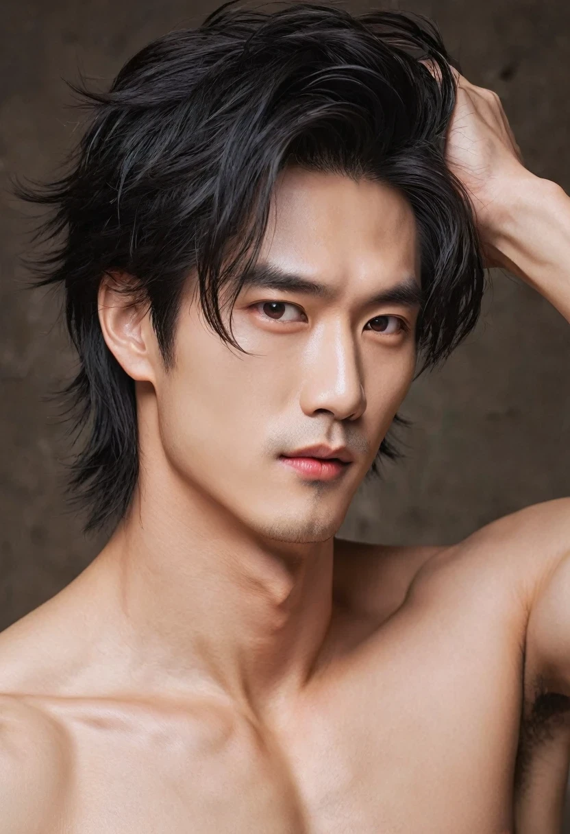 （Male character design），（Close-up of the cold and  Chinese handsome man Pan An），（Close-up from the neck up），（Very long and messy hair：1.3），（Big bright eyes，Double eyelids），Sad King，Toning muscles，Detailed abdominal muscles，Pan An plays a Chinese handsome man，Red lips and white teeth、I would rather be gentle and melancholy，（Pan An wearing modern men&#39;s clothing&#39;Fashion. Pan An is tall and tall.，Ji Yu Xuanang，He has a strong physique，Pan An&#39;s skin was fair and flawless，His delicate facial features，Clear and bright eyes，His nose bridge is very high，Red lip and white teeth，Show your king style，Noble temperament，Hairstyles in the Western Jin Dynasty，Inspired by Chinese actor Hu Ge，king，black and white，Chinese Ink Painting，black and white illustrations，