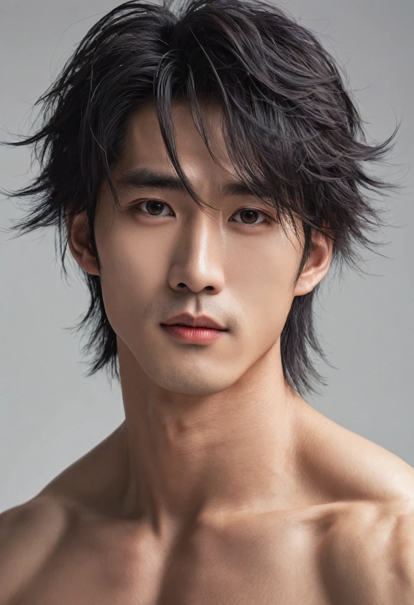 （Male character design），（Close-up of the cold and  Chinese handsome man Pan An），（Close-up from the neck up），（Very long and messy hair：1.3），（Big bright eyes，Double eyelids），Sad King，Toning muscles，Detailed abdominal muscles，Pan An plays a Chinese handsome man，Red lips and white teeth、I would rather be gentle and melancholy，（Pan An wearing modern men&#39;s clothing&#39;Fashion. Pan An is tall and tall.，Ji Yu Xuanang，He has a strong physique，Pan An&#39;s skin was fair and flawless，His delicate facial features，Clear and bright eyes，His nose bridge is very high，Red lip and white teeth，Show your king style，Noble temperament，Hairstyles in the Western Jin Dynasty，Inspired by Chinese actor Hu Ge，king，black and white，Chinese Ink Painting，black and white illustrations，